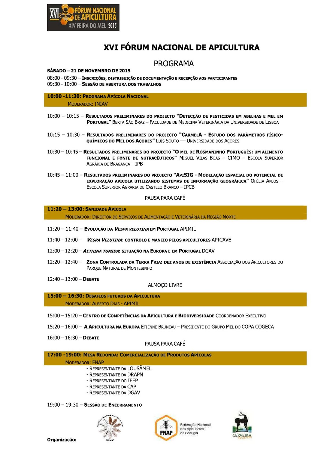 Programa do encontro Forum Nacional de Apicultura 2015